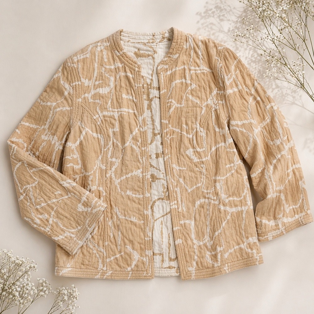 Chicos Abstract Reversible Quilted Neutral Jacket (MED)‎ Lightweight Lagenlook